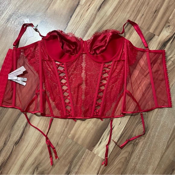 NWT Victoria's Secret lipstick red lace Wicked unlined lace-up corset top XXL - Picture 5 of 8